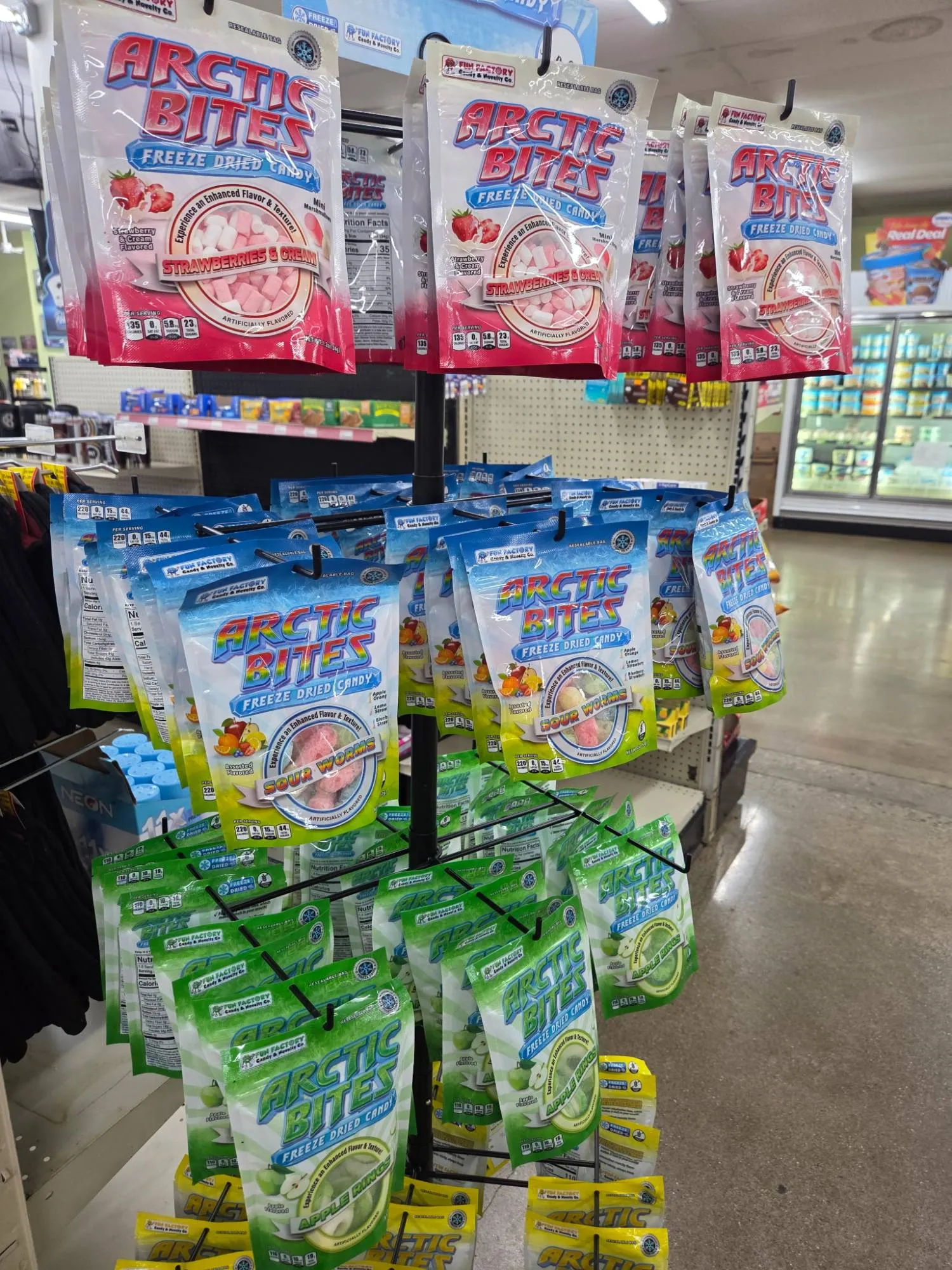 Candy rack full of freeze-dried candy bags in a convenience store